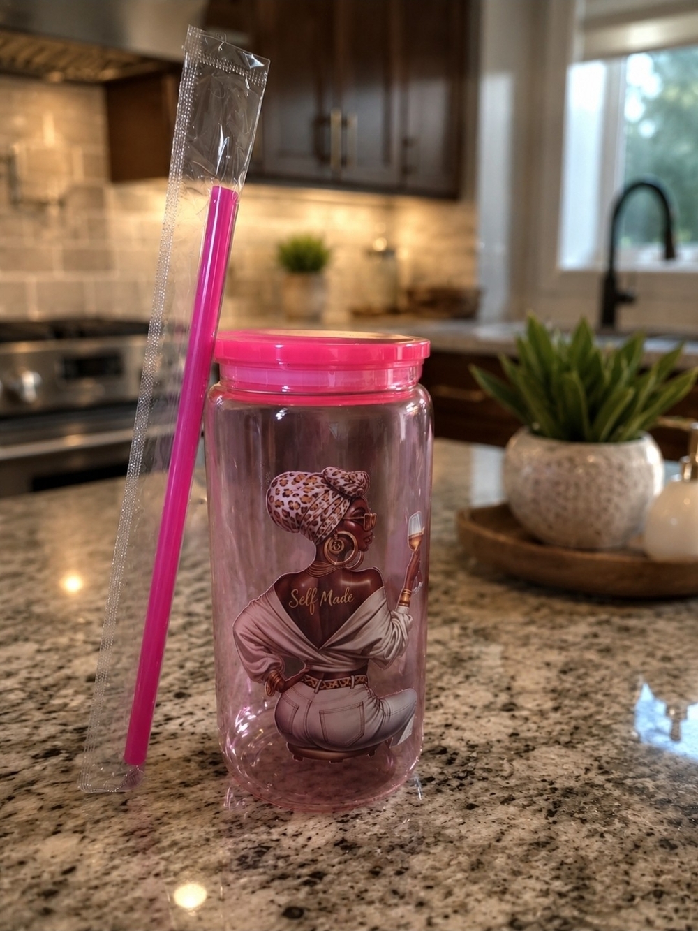 Hot Pink 'Self Made' Travel Tumbler with Straw